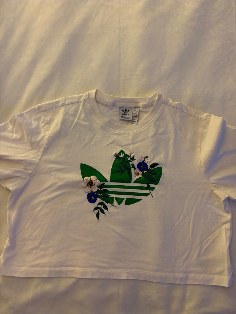 adidas White Crop Tee with Green Trefoil and Blue Floral Accents - Picture 2 of 2